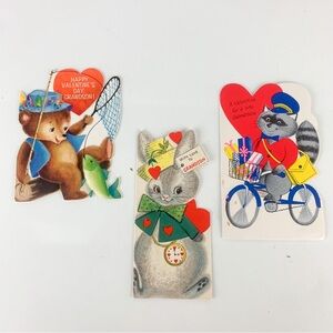Vintage Valentine Greeting Card Hearts Raccoon Bike Bear Bunny Rabbit Grandson
